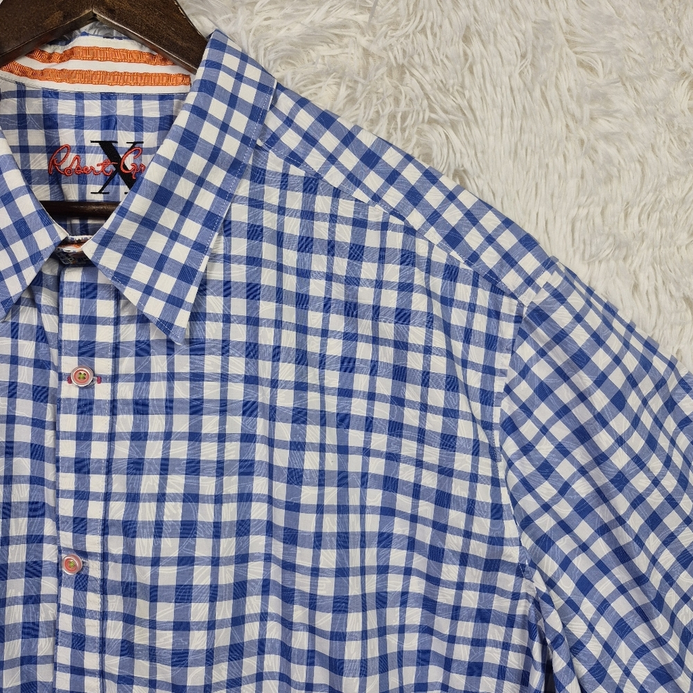 Robert X Graham Blue Floral Reverse Print Check Short Sleeve 3XL Party